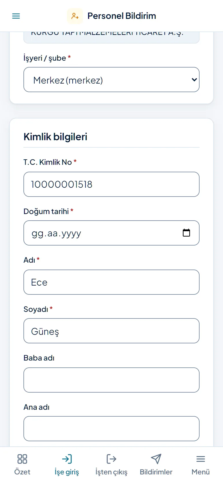 İşe giriş formu telefonda