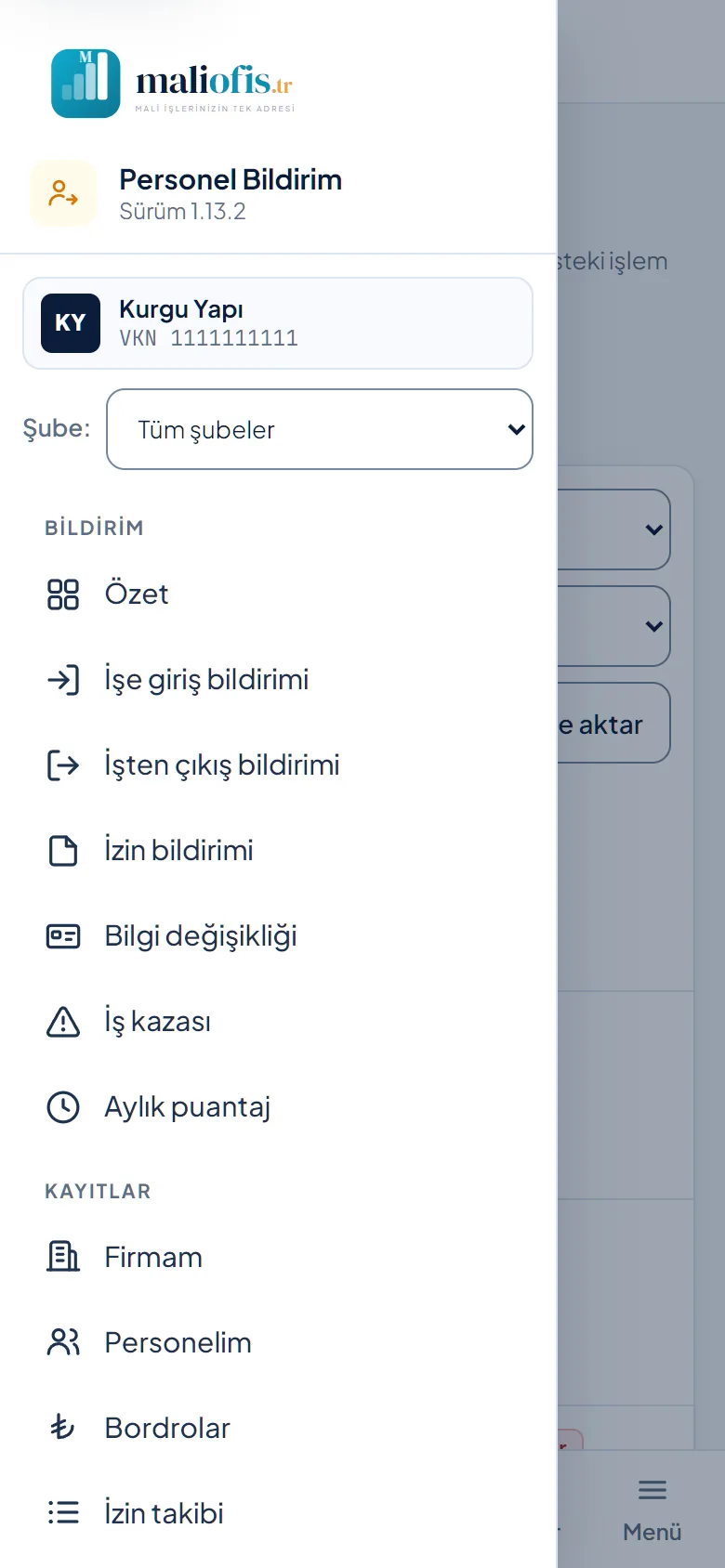 Telefonda açılmış menü