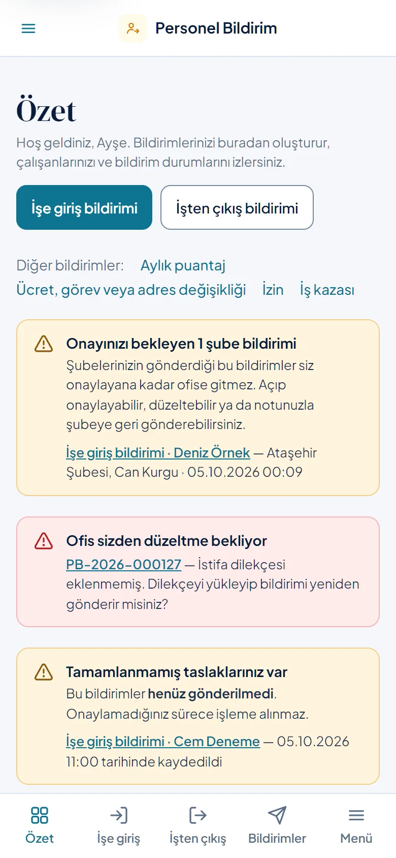 Özet ekranı telefonda: üstte menü düğmesi, altta sık kullanılan sayfalar