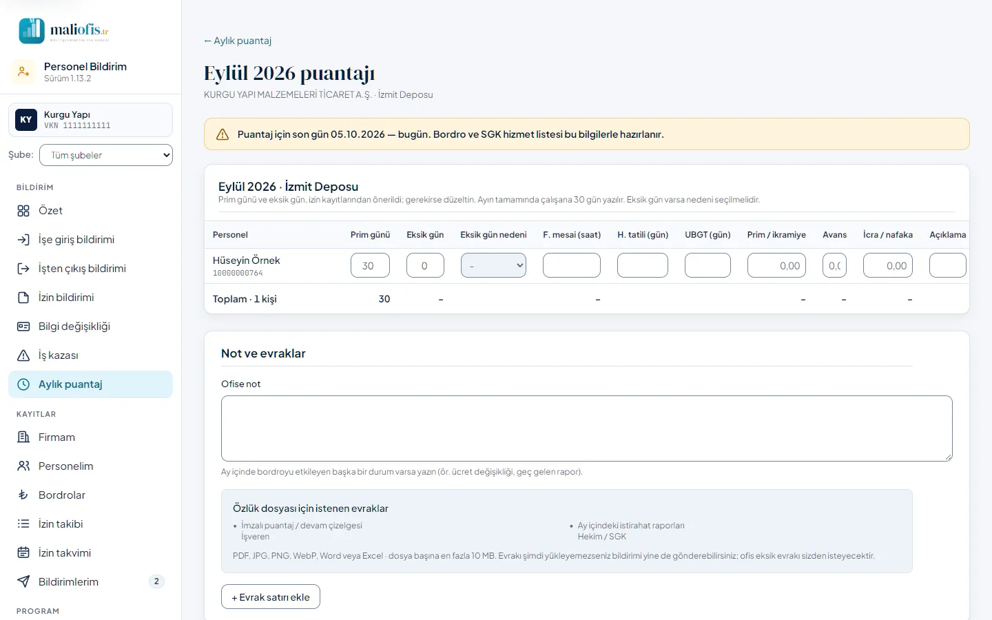 Puantaj formu: çalışanlar ve gün sayıları izin kayıtlarından önerilmiş