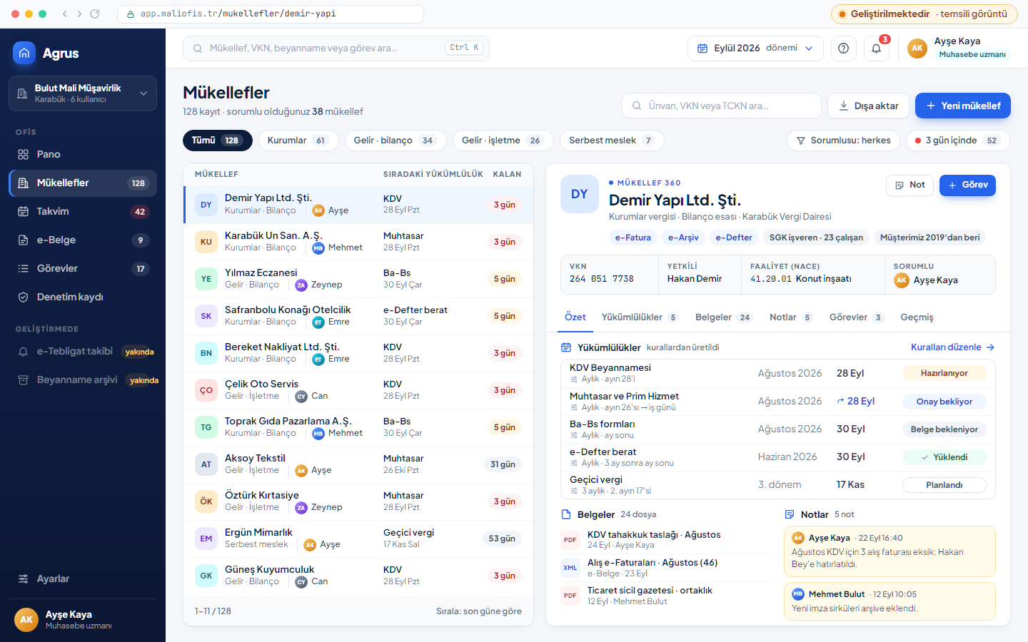 Agrus Mükellef 360 ekranı: mükellefin yükümlülükleri, belgeleri ve notları