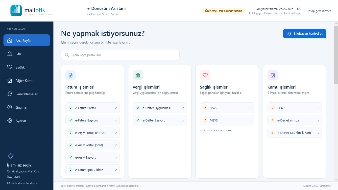 e-Dönüşüm Asistanı ana ekranı: “Ne yapmak istiyorsunuz?” başlığı altında fatura, vergi, sağlık ve kamu işleri; hazır olan işler işaretli