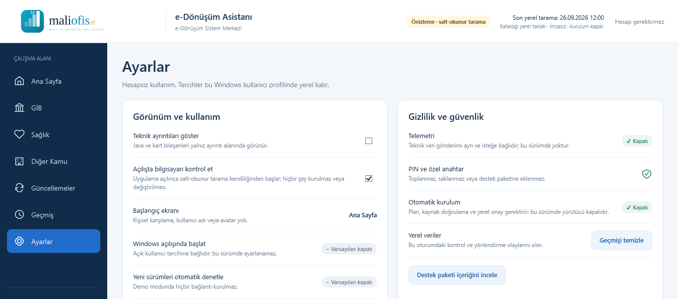 Ayarlar ekranı: hesapsız kullanım; telemetri ve otomatik kurulum kapalı, PIN toplanmaz